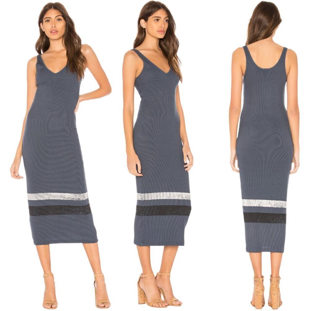 NWOT Revolve Monrow Striped Tank Midi Dress Women's Small Blue Steel Ribbed
